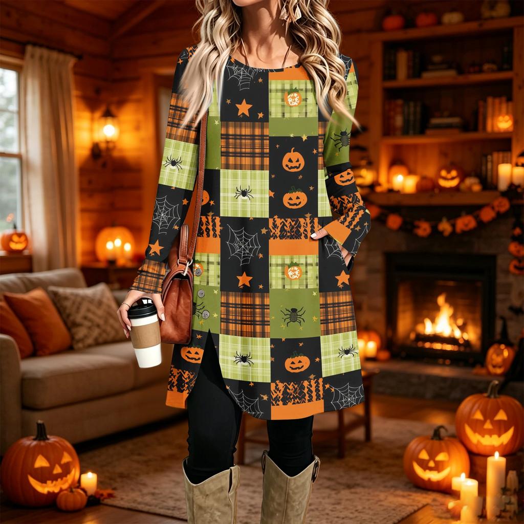Women's Casual Printed Long Sleeve Neck Dress for Daily Wear