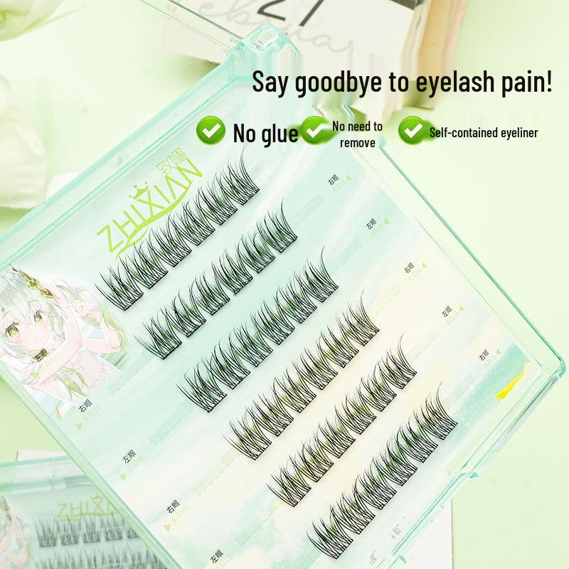 Zhixian Sleek Triple Fish Tail False Eyelashes - No-Glue, Single Cluster, Invisible, Fresh, Non-Smudging.