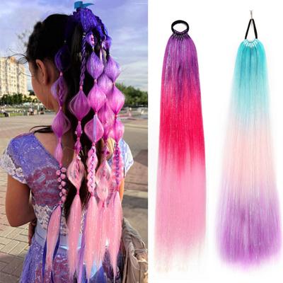 Extensão de rabo de cavalo longo colorido feminino com laço de cabelo glitter aparência natural fofo enrolado em volta gradiente cor reta rabo de cavalo sintético peruca