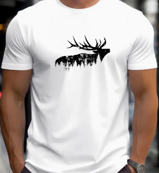 Unisex Maroon Deer Forest Graphic Tshirt Summer Casual Fashion Short Sleeve Round Neck Tee With White Stag Print Unisex Clothing