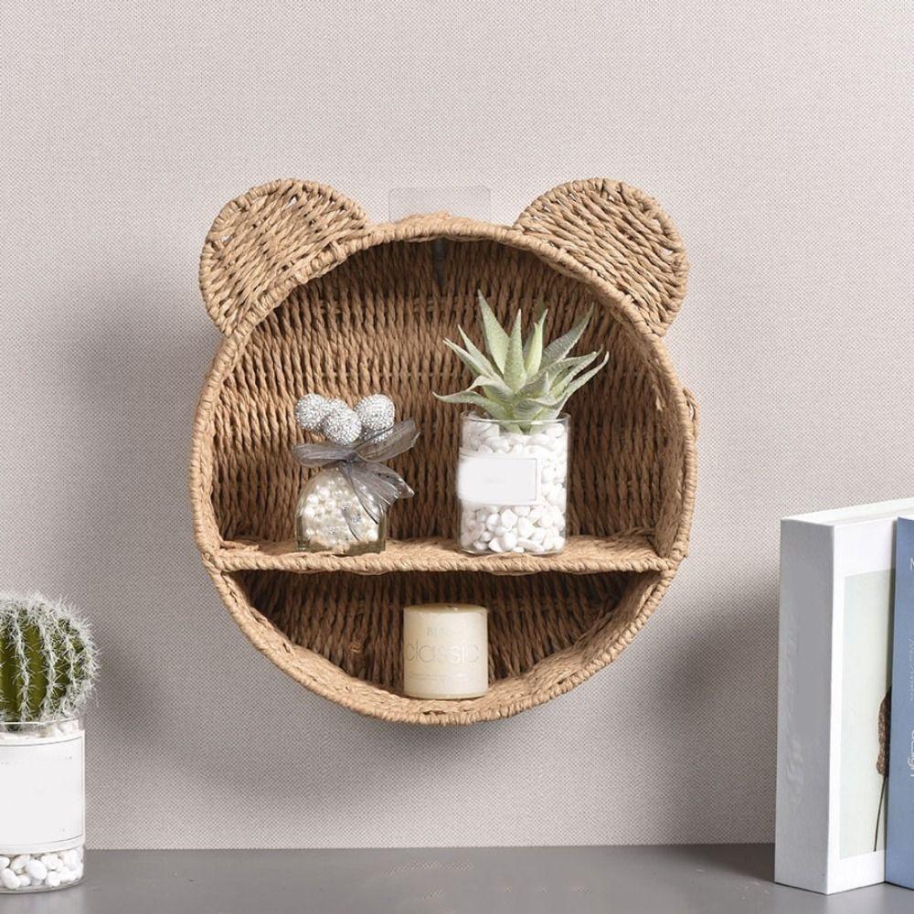 Durable 2 Tier Bear Ear Wall Mounting Shelf Handmade Cute Plant Display Storage Rack Decorative Hanging Storage Basket Kids Room