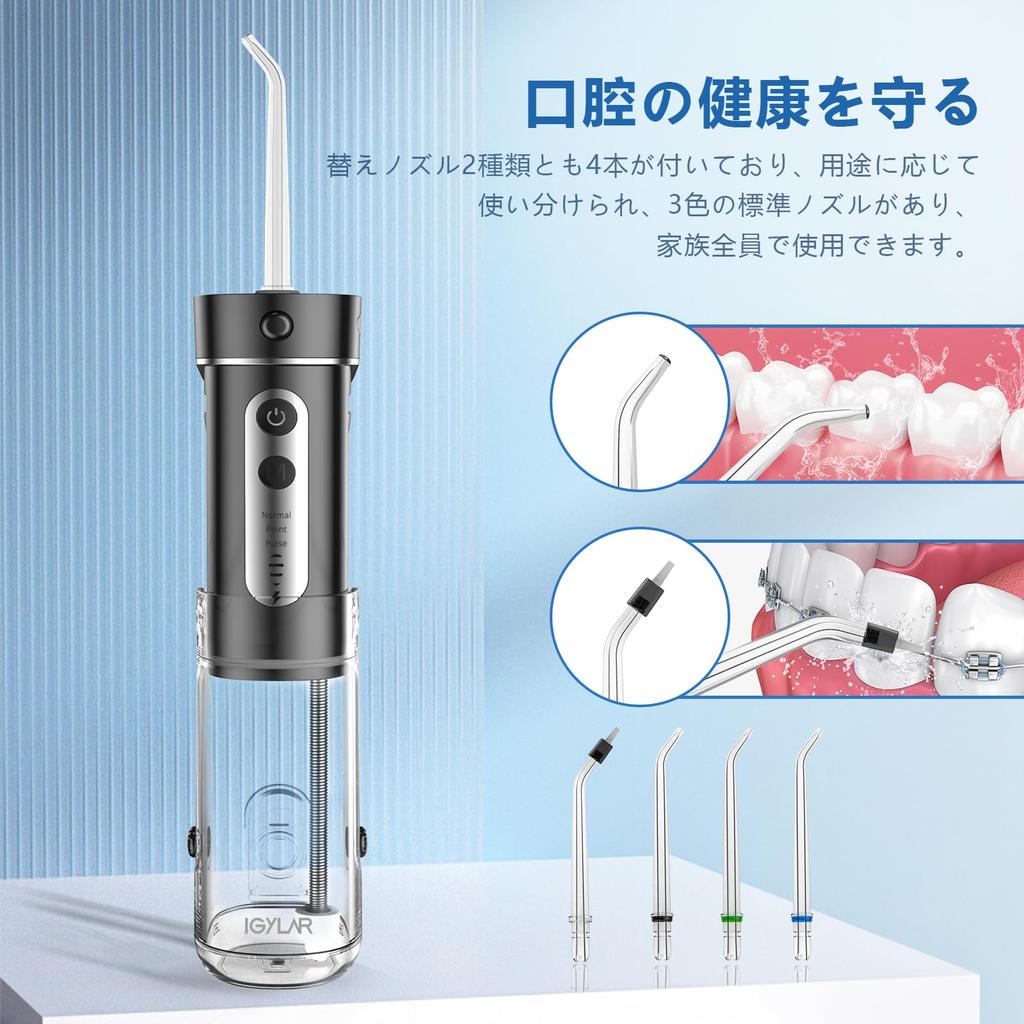 IGYLAR Jet d'eau buccal ultrasonique 3 4 Intensités IPX7 4 Brosses de rechange Pochette de rangement incluse [Garantie 2 ans] Irrigateur, Laveur qualifié par les dentistes,