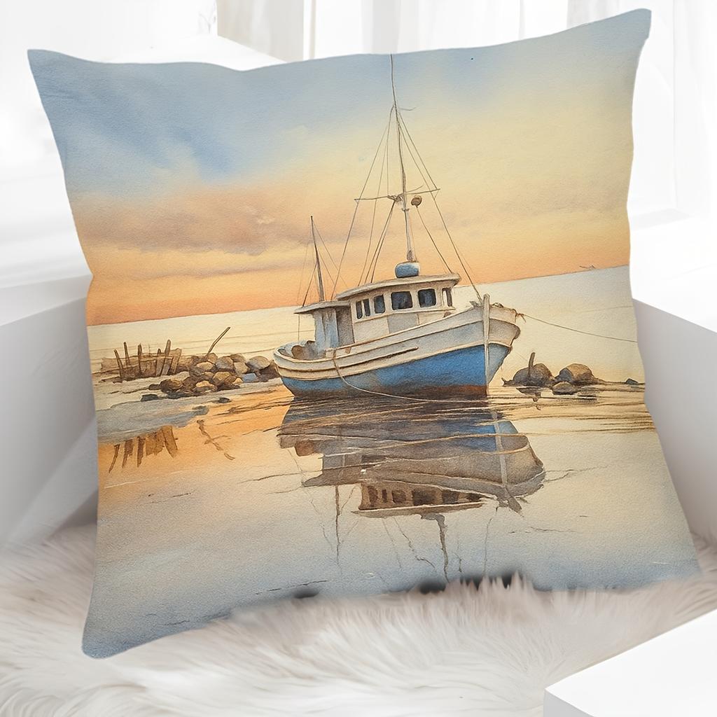 Großes Aquarellboot Sonnenuntergang Kunst Kissenbezug Küsten-Nautik Strand Dekoration Druck Überwurf Kissen Dekoration