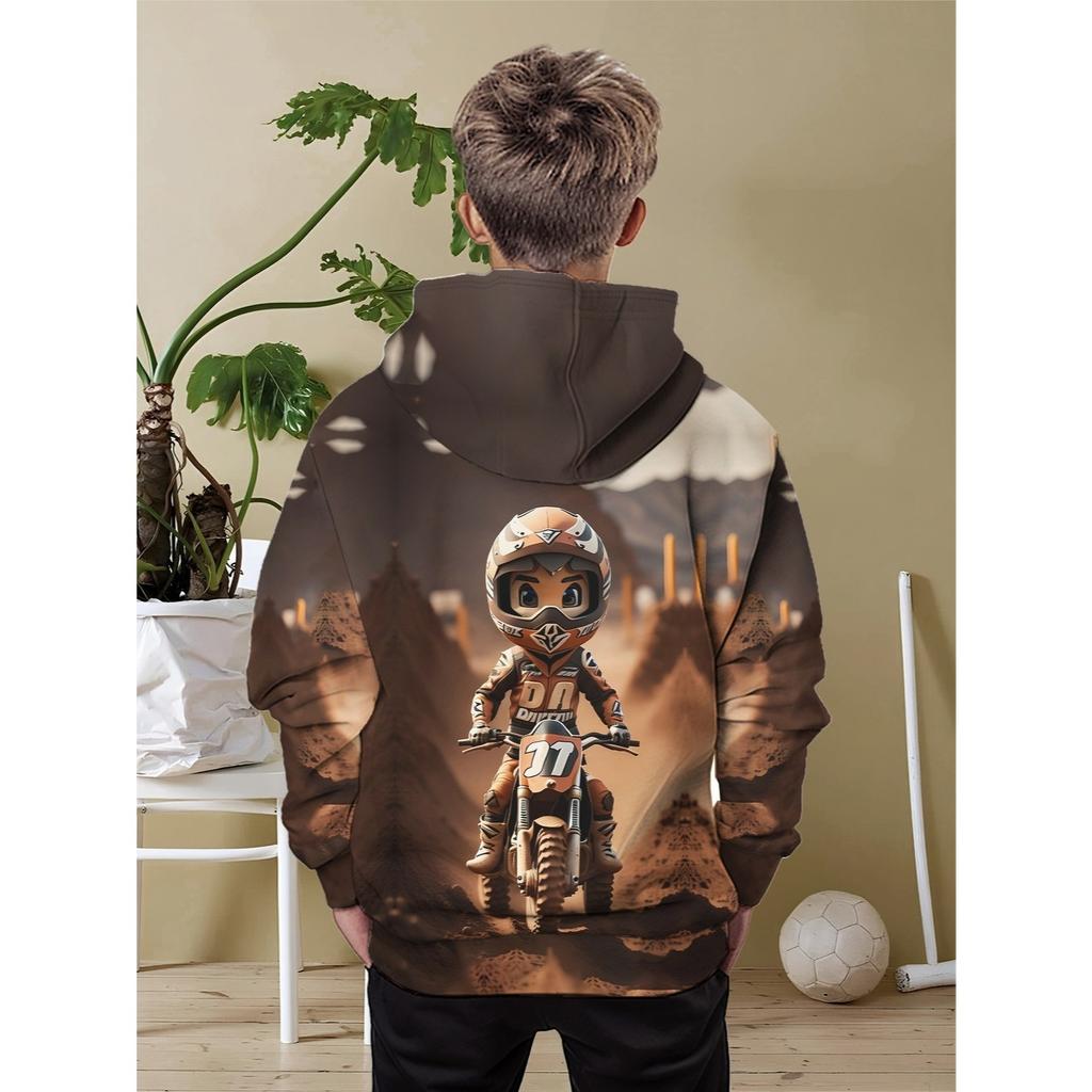 Boys' Off-road Motorcycle Pattern Hooded Sweatshirt - Rider and Track Print, Suitable for Motorcycle Racing Fans