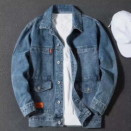 Men Autumn Jacket Pocket Long Sleeves Solid Color Loose Single-breasted Warm Cardigan Plus Size Mid Length Men Denim Coat for Daily Wear