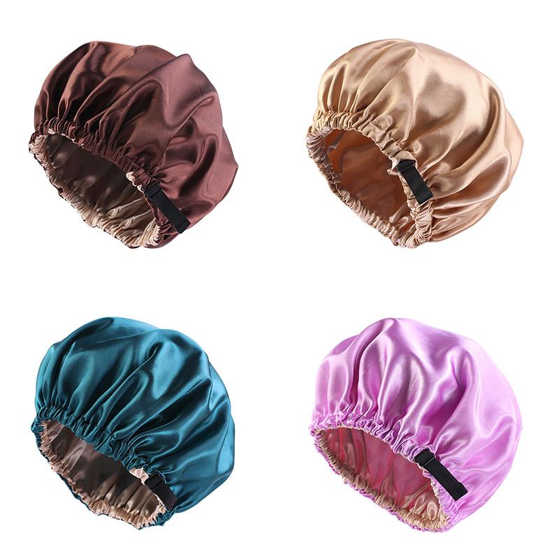 

Invisible Flat round Cap Artificial Silk Hat Satin Nightcap Double Layer Shower Cap Beauty Hair Adjustable Buckle