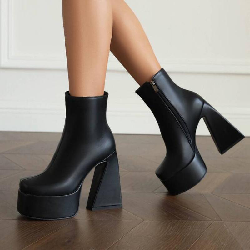 Size 3546 autumn and winter women's square head super high heel large size women's shoes waterproof platform European and American low tube Martin
