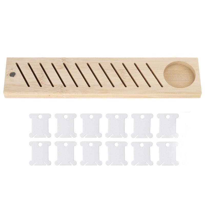 

12 Slots Thread Plates Holder and 12Pcs Plastic Thread Winders Set, Embroidery Thread Rack Wood Thread Organiser Rack 1