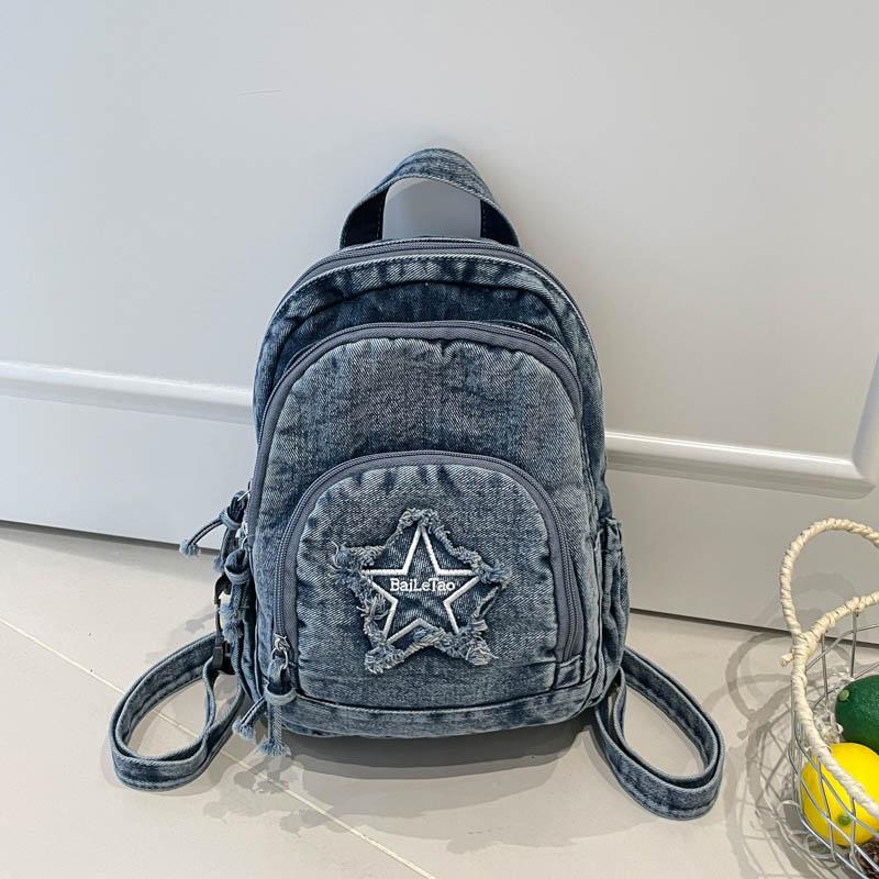 Bolso de Pecho de Mezclilla Gran Capacidad Bolso Cruzado para Mujer Viajero Múltiples Compartimentos Mochila de Estrella de Cinco Puntas