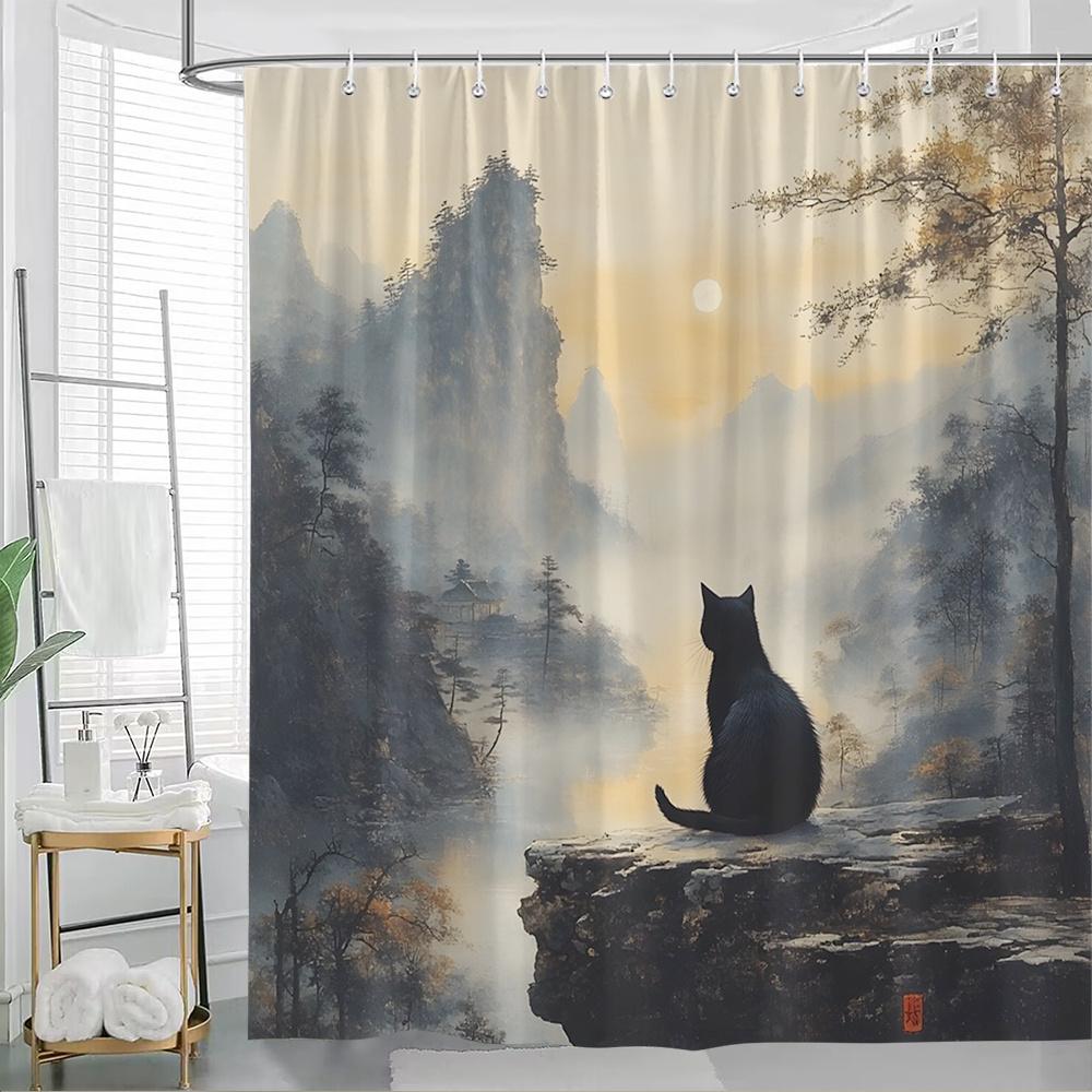 1pc Ethereal Black Cat Rocky Cliff Misty Mountain Sunrise Tranquil Lake Autumn Trees Soft Muted Palette Peaceful Natural Scene 90x180cm35x71in