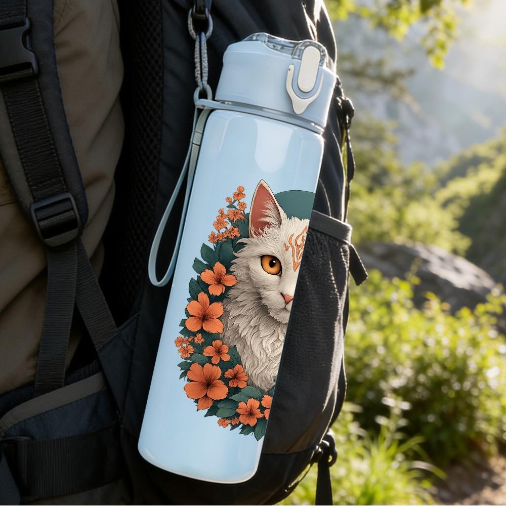 1PC Floral Cat Portrait Art 750ml Color Plastic Sports Water Bottle Leakproof Flip Straw Lid Suitable for Sports Office Home Use