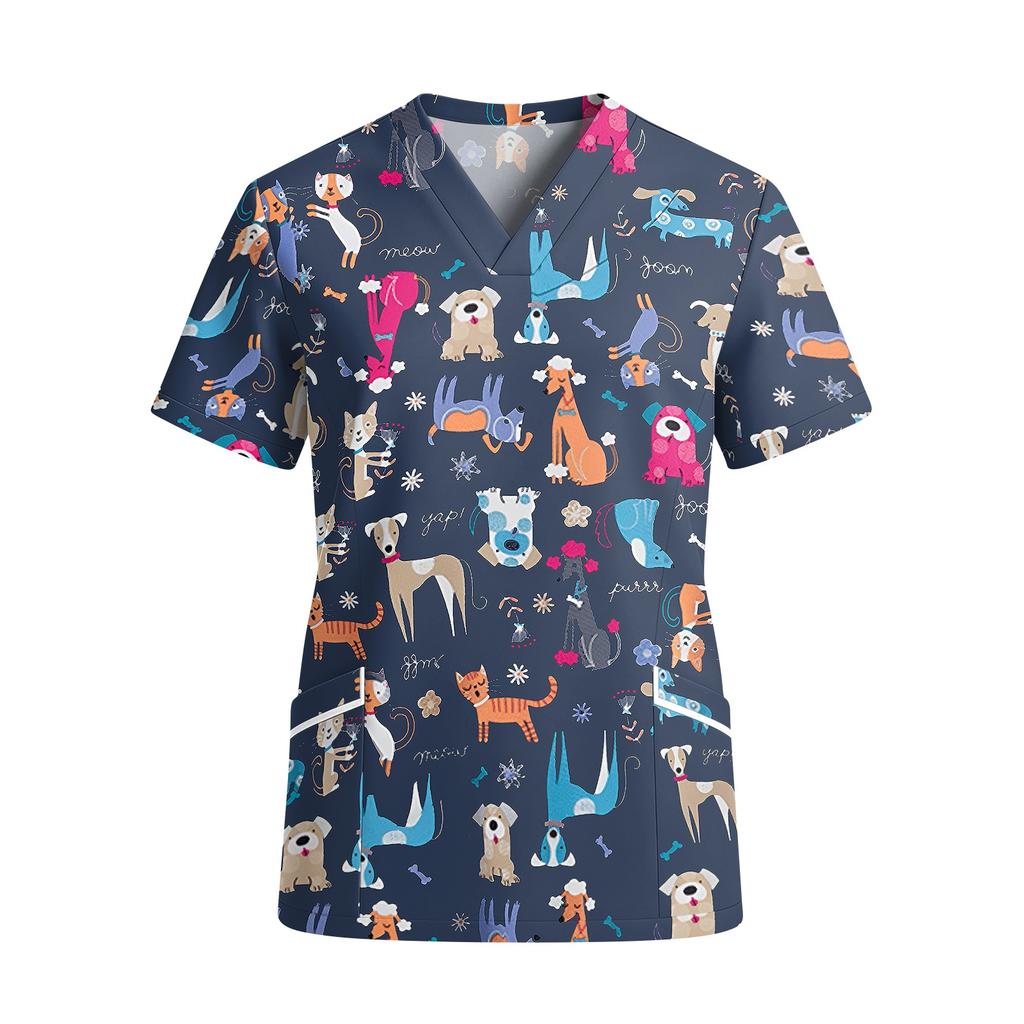 Womens V Neck Short Sleeve Printed Scrub Top with Pockets Animal Pattern Lightweight for Healthcare and Service Professionals