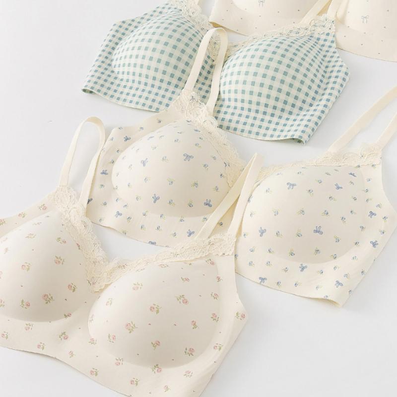 Damen Push-Up BH Nahtlose kabellose BHs Spitze Blumendruck BH Bequeme Damen Sexy Dessous Süße Unterwäsche