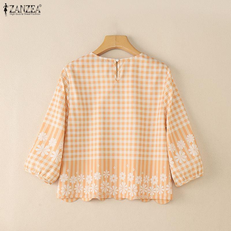 ZANZEA Women Casual Round Neck 3/4 Sleeve Loose Plaid Print Blouse