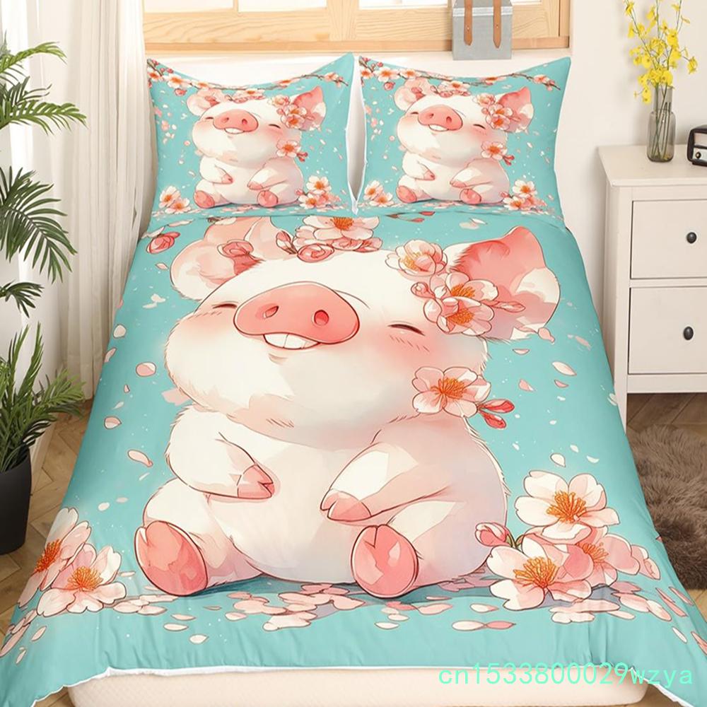 Pink Pig Bedding Set King Queen Sleeping Pig Duvet Cover For Kids Boys Girls Kawaii Animals Comforter Cover With 2 Pillowcases