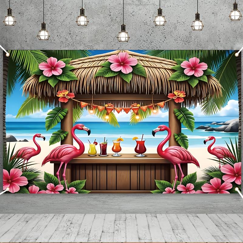 Sommar hav strand palmträd flamingo bakgrundinredning utomhus innergård dekorationersoffa sängbord bakgrund poolfest dekoration