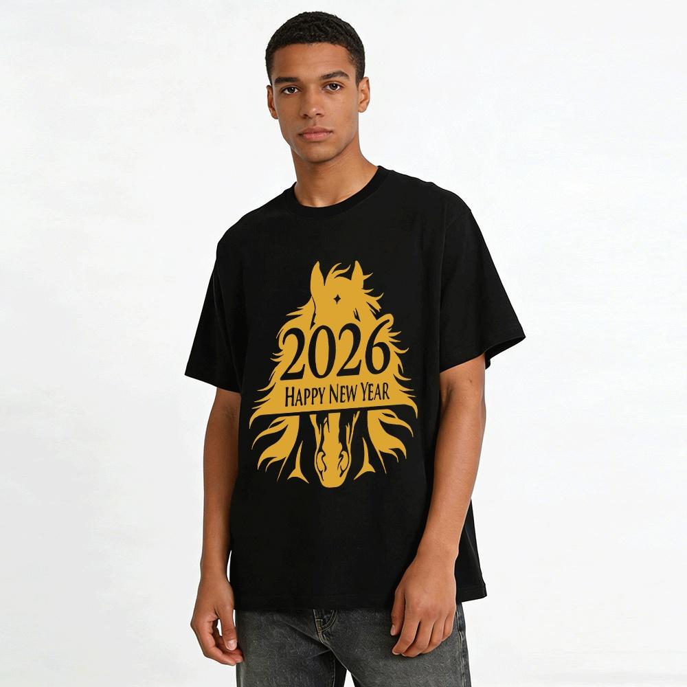 2026 Year of the Horse Happy New Year Graphic Casual Long Sleeve Top Pure cotton T-shirt