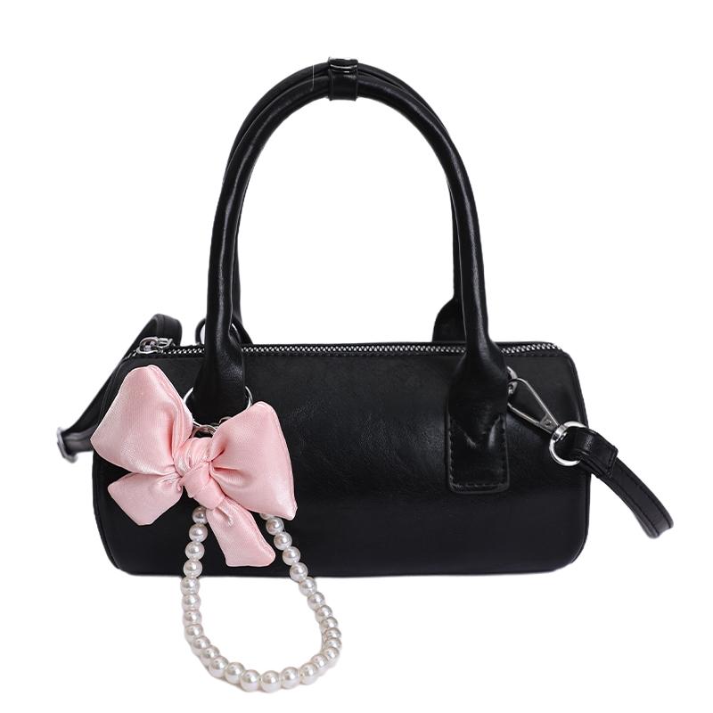 

Fashi Y2K Bowknot Cylinder Handbag for Women Cute Pink Barrel Crossbody Bags for Party & Daily Pearl Chain Mini Shoulder Bags чёрный