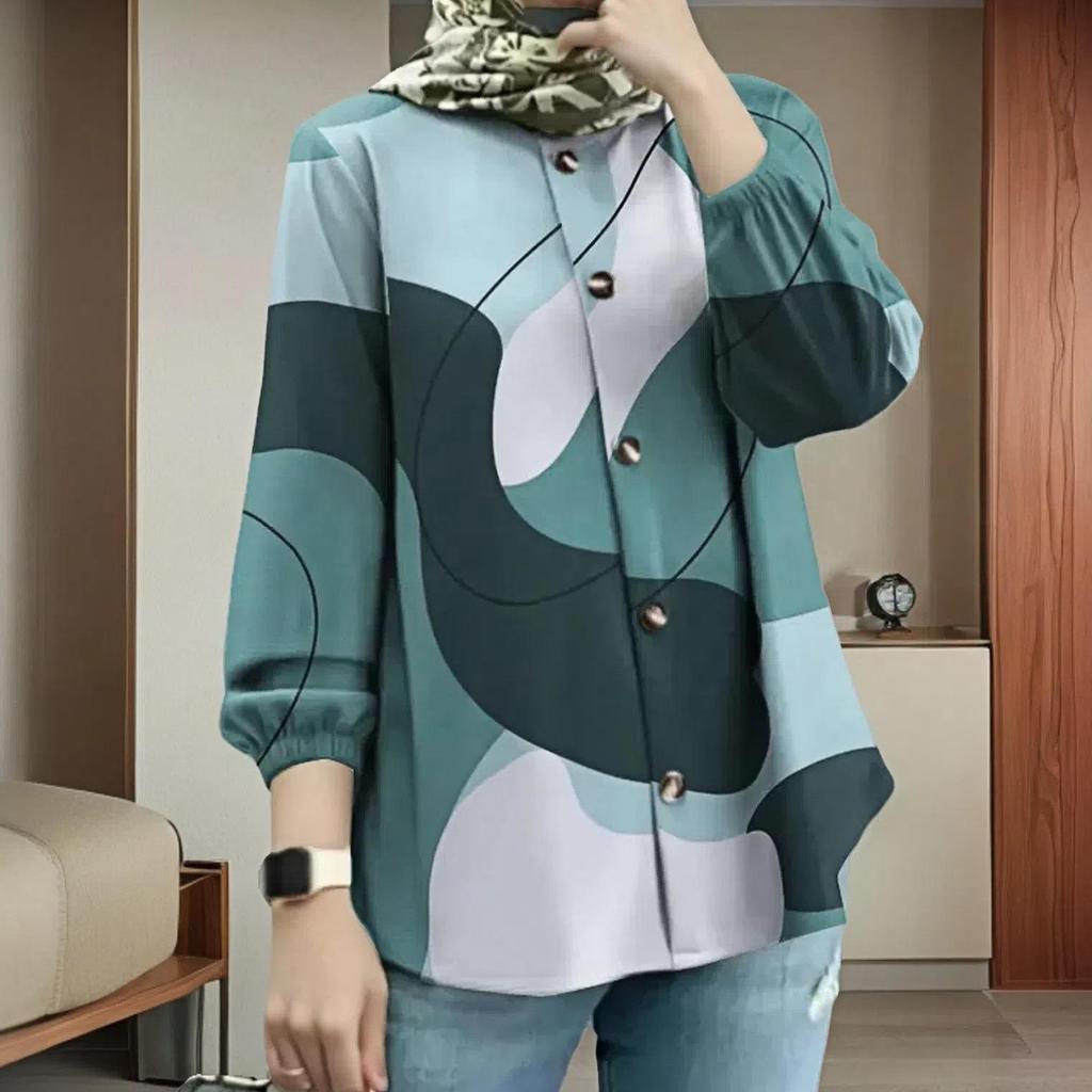 New Arrival: Plus Size Women's Loose Fashion Puff Sleeve Printed Button-Up Shirt