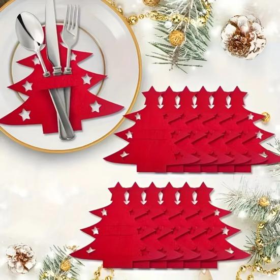 Christmas Cutlery Holder Bag Tree/Heart Shaped Knife Folk Tableware Holder Pockets Felt Dinner Flatware Covers for Christmas Party Dinner Table Decor