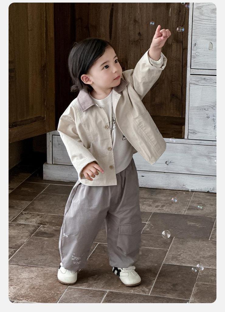 Spring 2026 Baby Boy Three-Piece Set: Long Sleeve T-shirt, Cargo Pants & Jacket