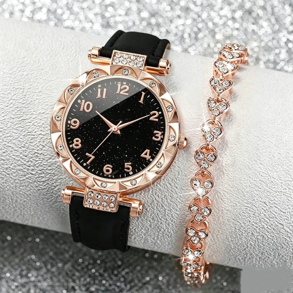 Women'S Diamond Quartz Watch Fashion Belt Watch Two-Piece Set Light Luxury Bracelet Set Women'S Watch