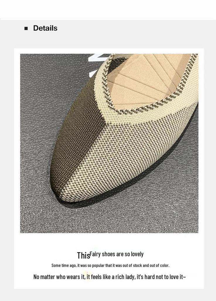 Women's Pointed Toe Flyknit Slip-On Shoes - Low Heel Flat Bottom for Spring/Autumn 2024