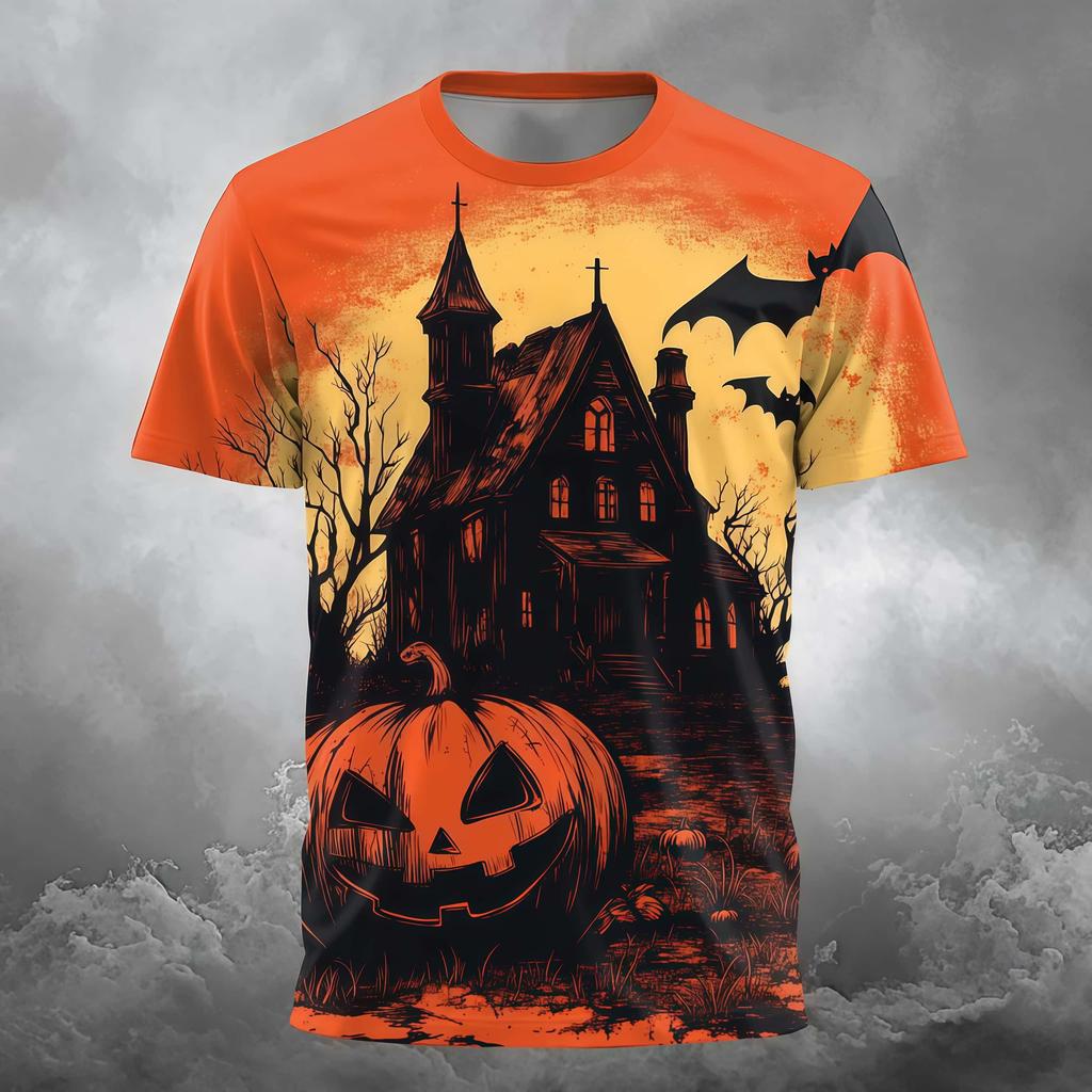European and American Halloween Horror Pumpkin Head Ghost Castle Bat Print Short Sleeved Retro Vintage Vintage Fashion Top