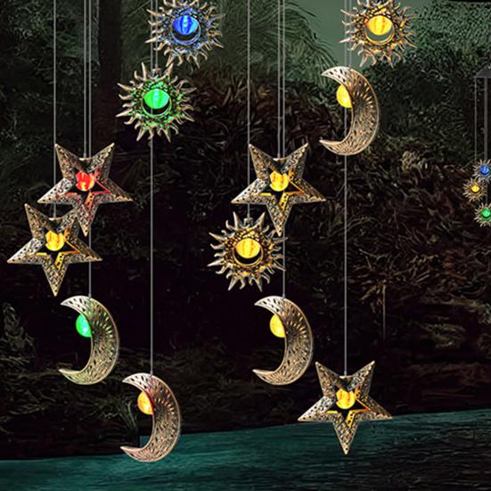 Solar Wind Chime Light, Star Sun Moon Wind Chime Solar Light, Outdoor Hanging Wind Chime, Solar Powered Garden Light for Patio Balcony Porch Terrace