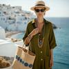 Vintage Solid Turn Down Collar 1 2 Sleeve Loose Long Dress For Beach Vacation