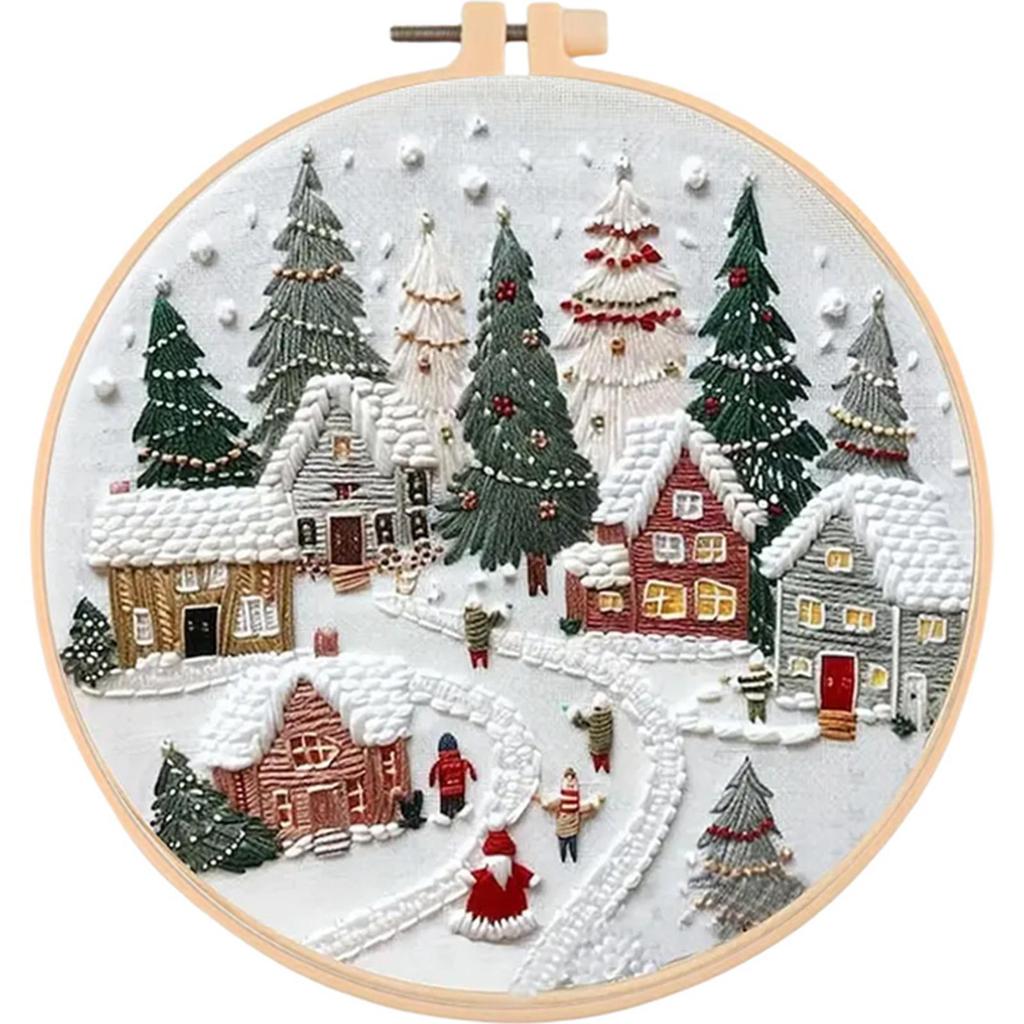 Merry Christmas Handmade Sewing Art Craft Kit with Pattern Cotton Threads Needles Hoop Embroidery Starter Kit for Beginners
