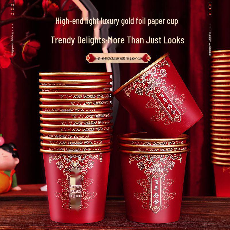 Disposable Wedding Paper Cups - Gold Foil Red Design for Anniversaries, Banquets, and Tea Ceremonies