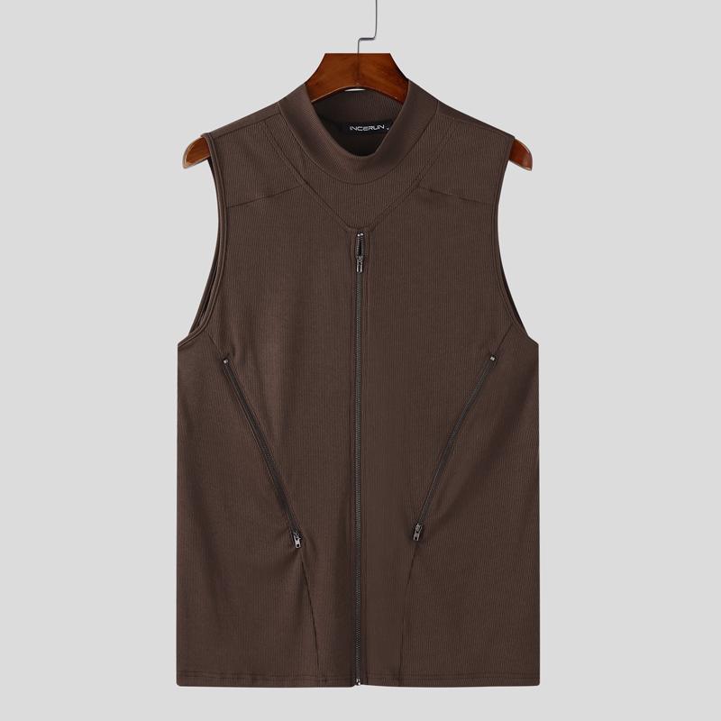 INCERUN Summer Men Mockneck Sleeveless Zipper Up Rib Tank Tops Slim Racerback T-shirts