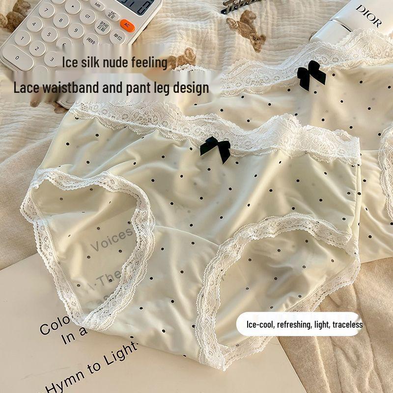Women's French Polka Dot Lace Trim Breathable Ice Silk Panties
