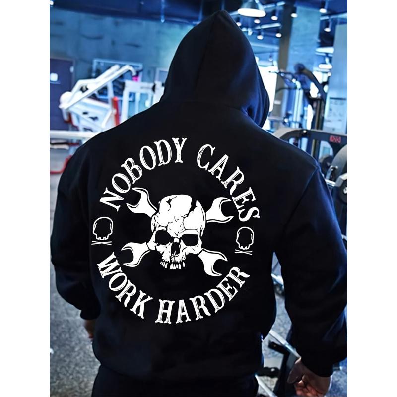 Black Polyester Men's Skull Print Hoodie Long Sleeve "Work Harder" Pullover with Drawstring Neck for Fall Winter