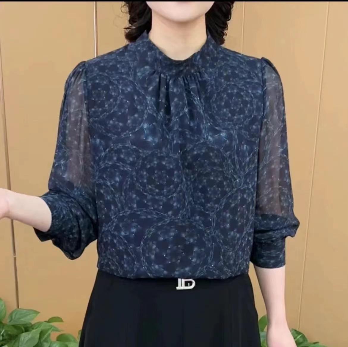 

Женская блузка с длинными рукавами и воротником-стойкой, стильная, стильная, для матери, весна-лето L темно-синий