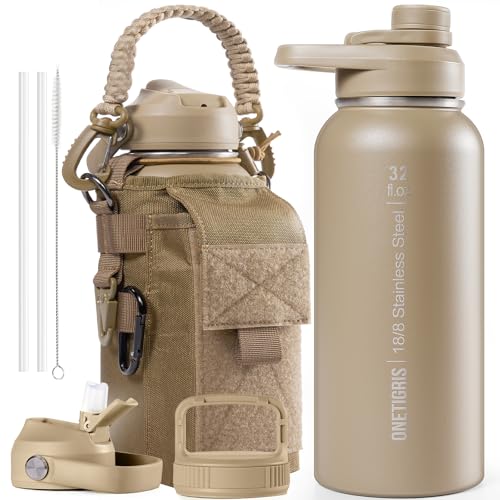 OneTigris 1 Liter Stainless Steel Water Bottle Set with Cover, Vacuum Insulated, Keeps Hot or Cold, Includes 3 Replacement Lids, 2 Straws, and 1 Brush