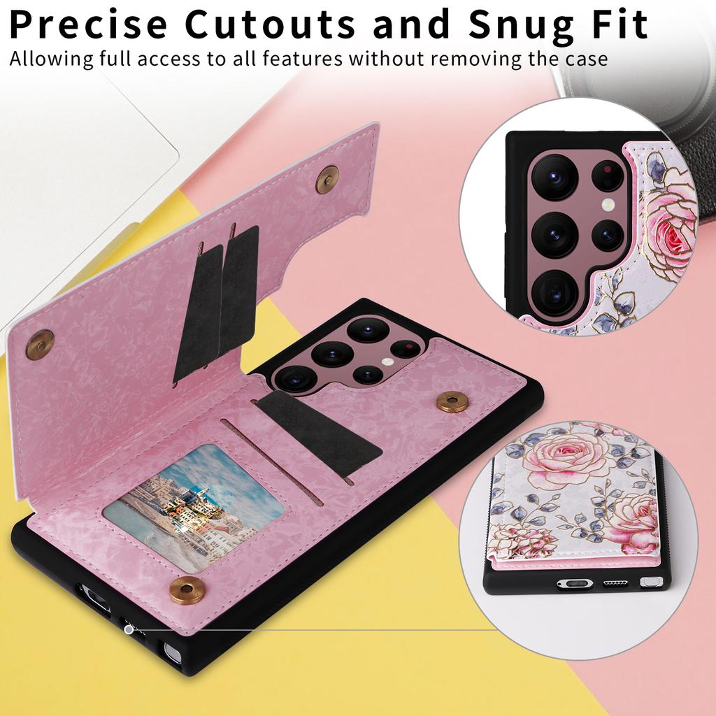 For Samsung Galaxy S22 Ultra 5G Phone Case Kickstand Flower Leather Coated TPU Cover