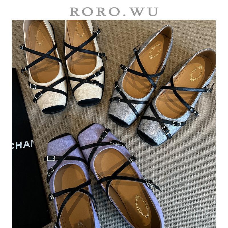 Sheepskin version~ cross strap square head sports ballet shoes women's retro temperament shallow mouth Mary Jane shoes flat shoes