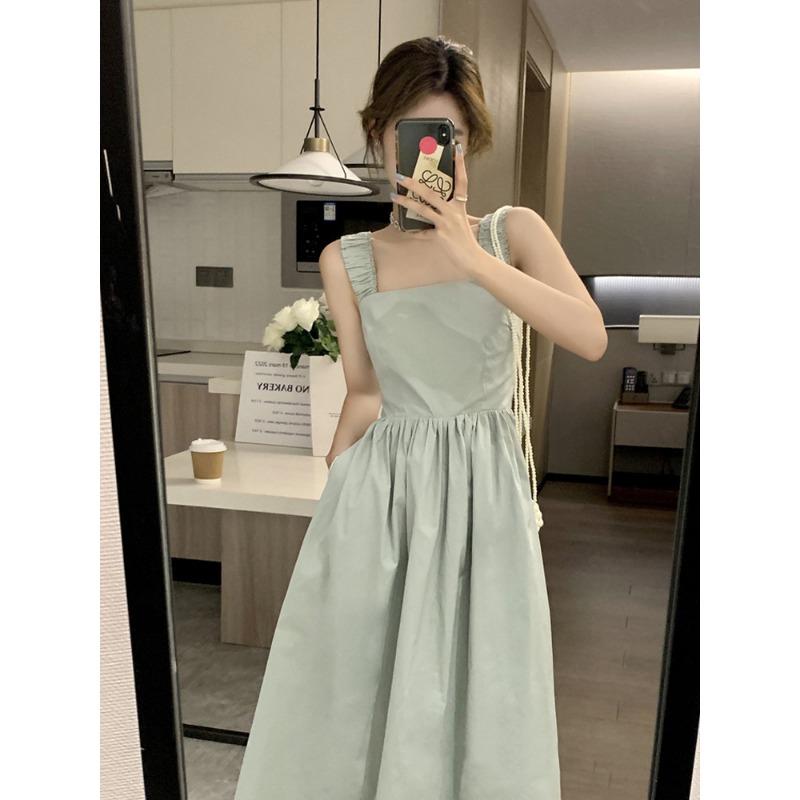 YYFS Women's Fashion Summer Spring Solid Color Print Sleeveless Square Collar High Waist Casual Dresses