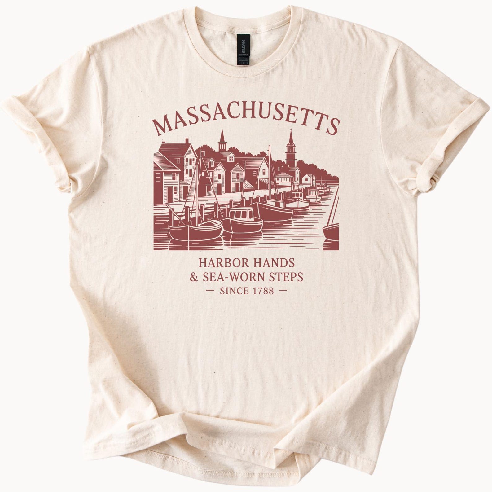 Massachusetts Harbor Town Graphic Tee Nautical Boats Coastal Scene Sea Worn Steps Maritime New England Shirt Massachusetts Gift Idea 110