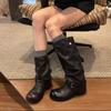 Cowhide Version~ Retro Trousers Fashion Stacked Short Boots Women's 2025 New Thick Heel Pleated Wasteland Martin Boots