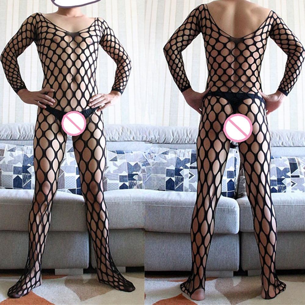 Hot Male Bodystockings Men's Transparent Erotic Bodysuits O Neck Long Sleeve Bodysuit Erotic Boyfriend Underwear Sleepwear