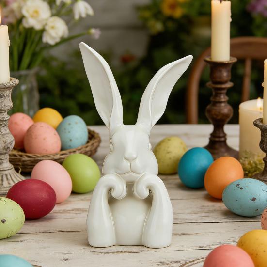 Easter Bunny Figurine Cute Rabbit Holding Face Statue 3D Printed Bunny Ornament for Living Room Bedroom Bookshelf Desktop Shelf Decor