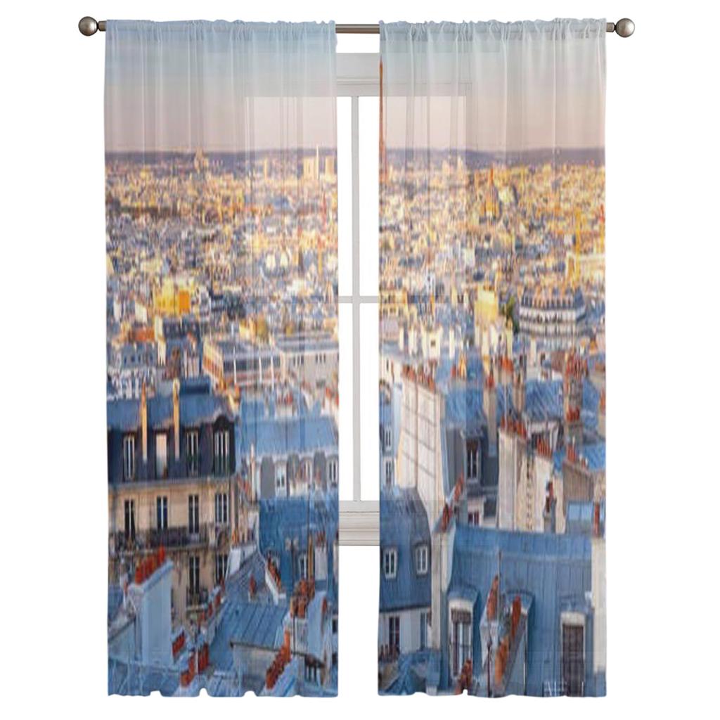 Aerial View Of Paris City Skyline With Facades Tulle Sheer Curtains for Living Room Kitchen Decoration Voile Organza Curtains