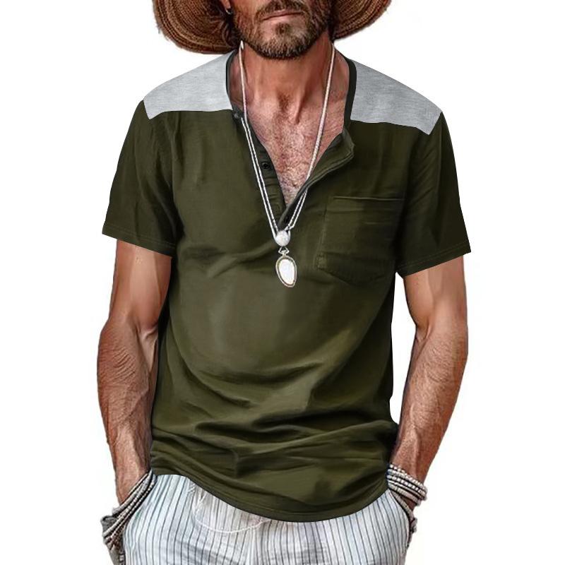Men's Short-sleeved V-neck Button-up Large-sized T-shirt
