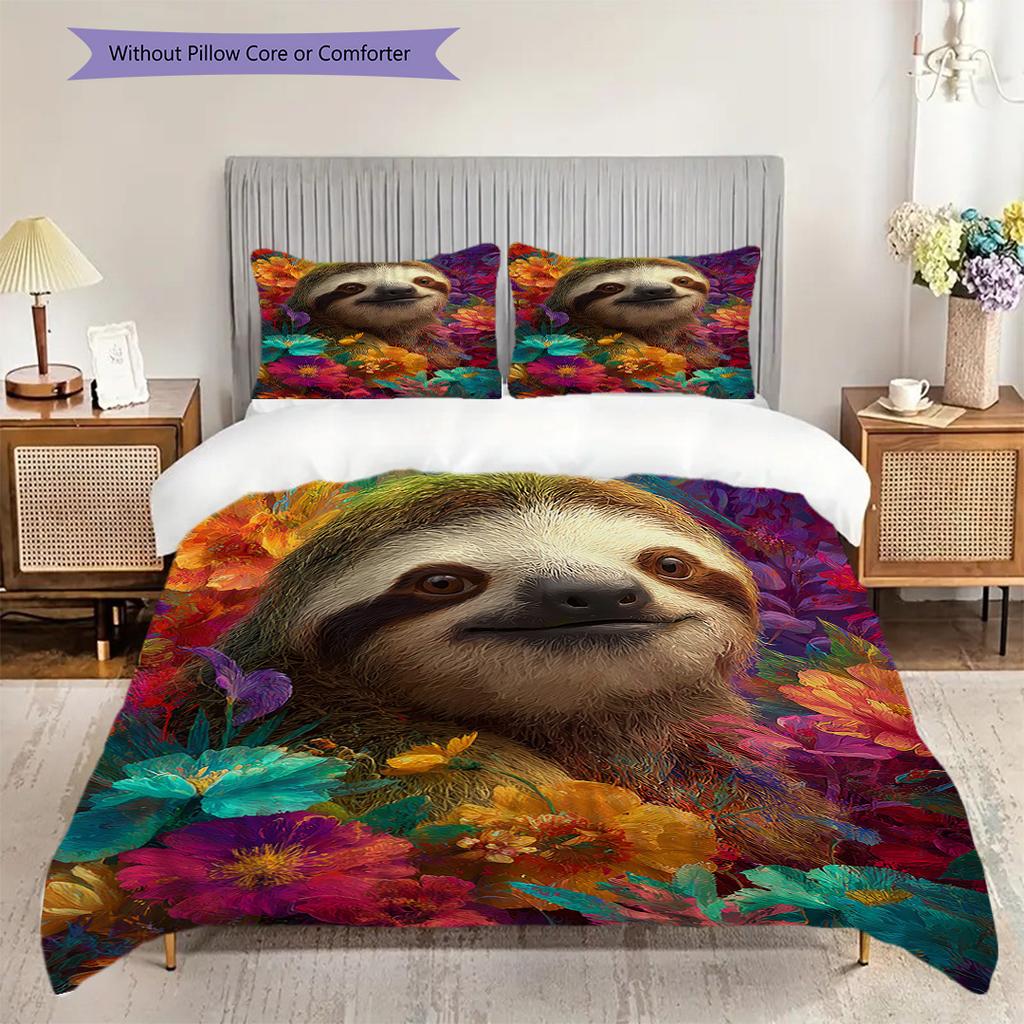 Sloth Pattern Bedding Quilt Set Quilt Cover Pillowcase Home Decoration Birthday Gift (1 * Duvet Cover + 2 * Pillowcase, Without Core)
