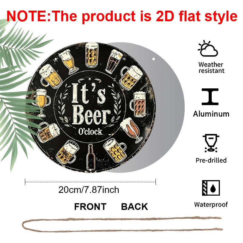 2D Flat, 1pc Round Aluminum "It's Beer O'clock" Sign, Vintage Retro Beer Glass Clock Wall Decor, Lightweight Hanging Signs - Waterproof & Durable
