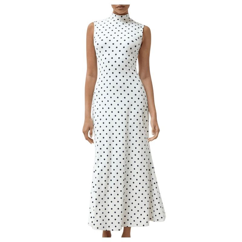 Women's Crew Neck Polka Dot Printed Maxi Dress Vintage Waist Defined