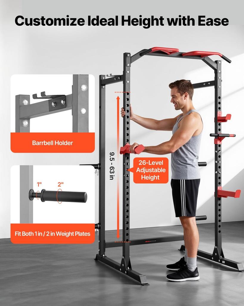 Power Cage Power Rack, Multifunctional Barbell Squat Rack with Adjustable Height, Home Gym Strength Training Workout Equipment with J-Hooks & More